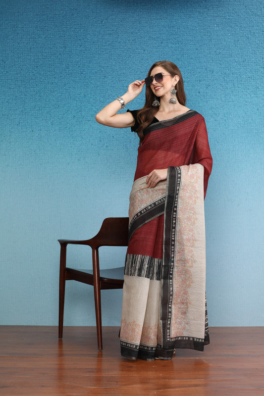 Maroon Silk Cotton Digital Print Solid Saree with Unstitched Blouse