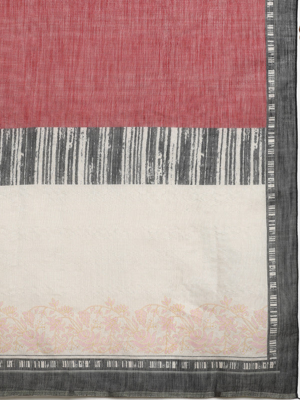 Maroon Silk Cotton Digital Print Solid Saree with Unstitched Blouse