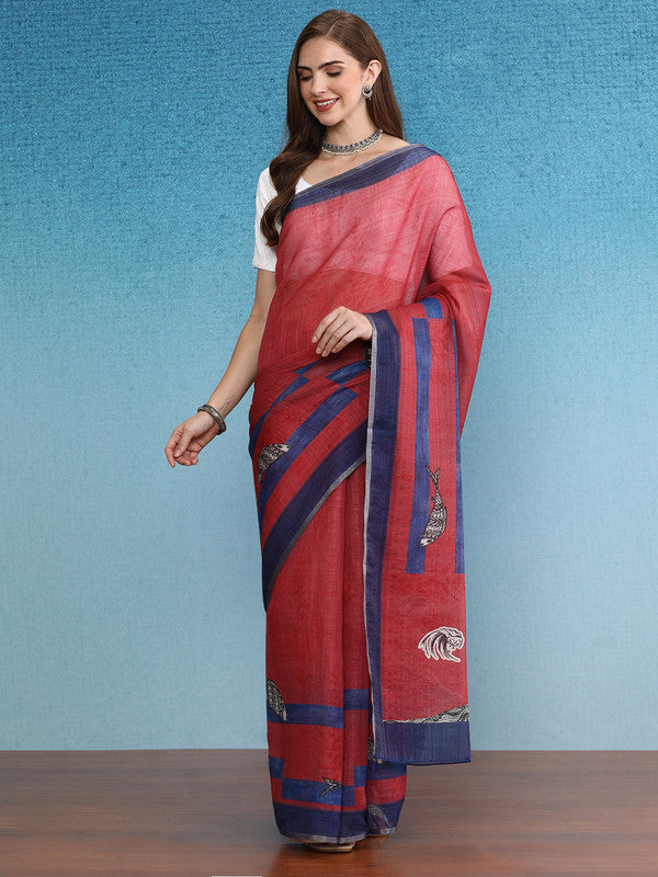 Red silk cotton solid saree with digital print details and unstitched blouse