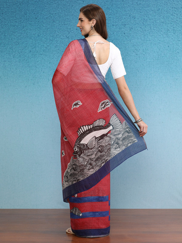Red Silk Cotton Digital Print Solid Saree with Blouse
