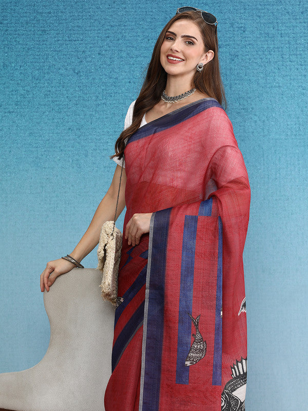 Red Silk Cotton Digital Print Solid Saree with Blouse