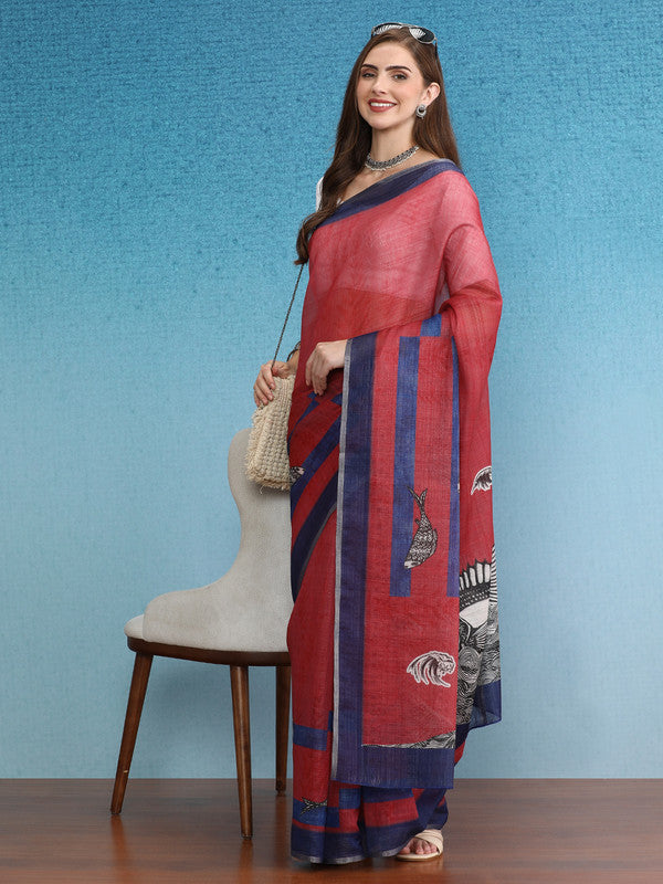 Red Silk Cotton Digital Print Solid Saree with Blouse