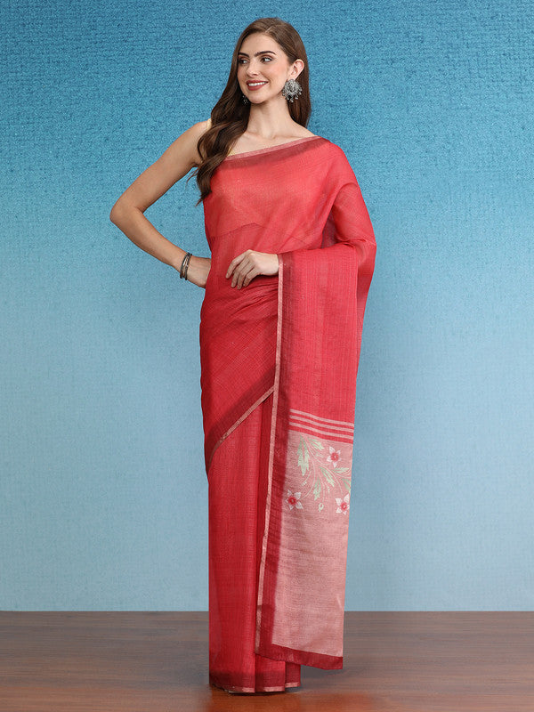 Luxurious red silk cotton saree with digital print patterns and unstitched blouse