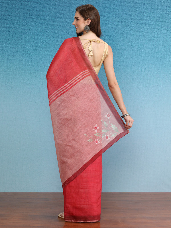 Red Silk Cotton Digital Print Solid Saree with Unstitched Blouse