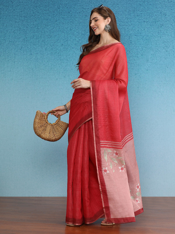 Red Silk Cotton Digital Print Solid Saree with Unstitched Blouse