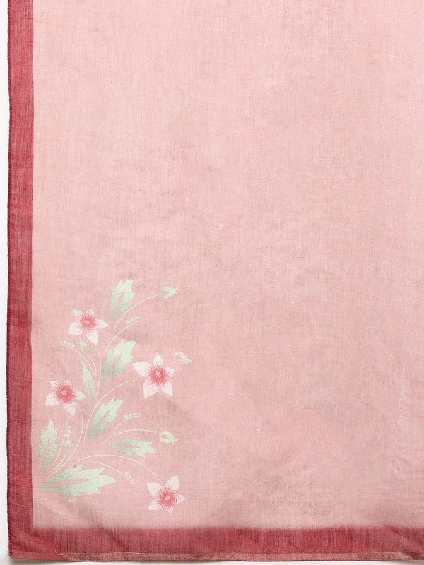 Red Silk Cotton Digital Print Solid Saree with Unstitched Blouse
