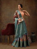 Multicolor Kanjeevaram silk saree with digital Kalamkari print and unstitched blouse
