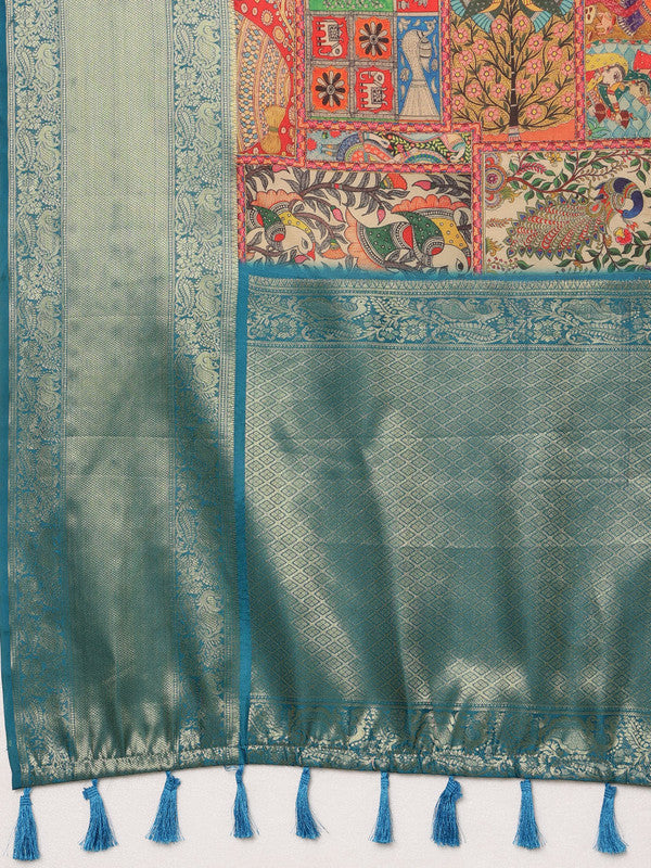 Multicolor Kanjeevaram Silk Kalamkari Digital Print Saree