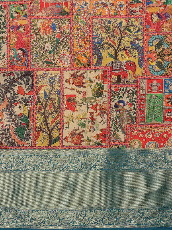 Multicolor Kanjeevaram Silk Kalamkari Digital Print Saree
