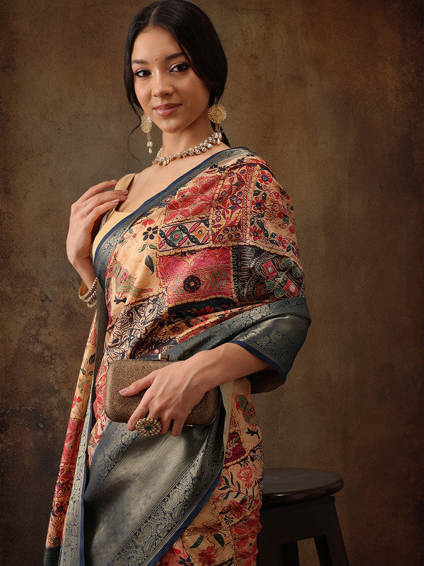 Multicolor Kanjeevaram Silk saree with intricate Kalamkari digital prints.