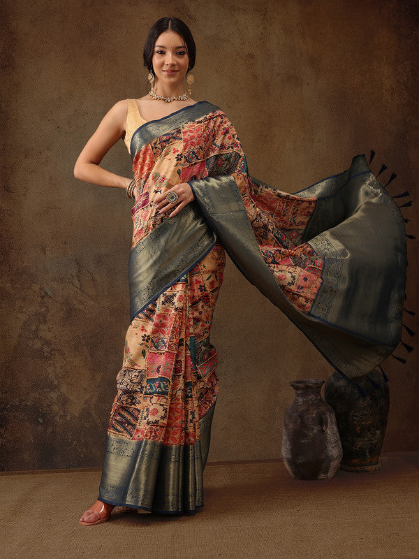 Multicolor Kanjeevaram Silk Kalamkari Digital Print Saree