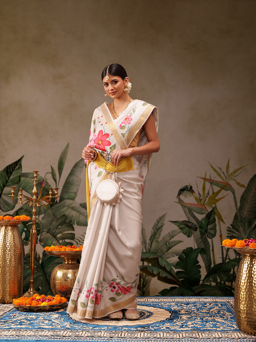 Off White Onam Art Silk saree with floral digital print pattern