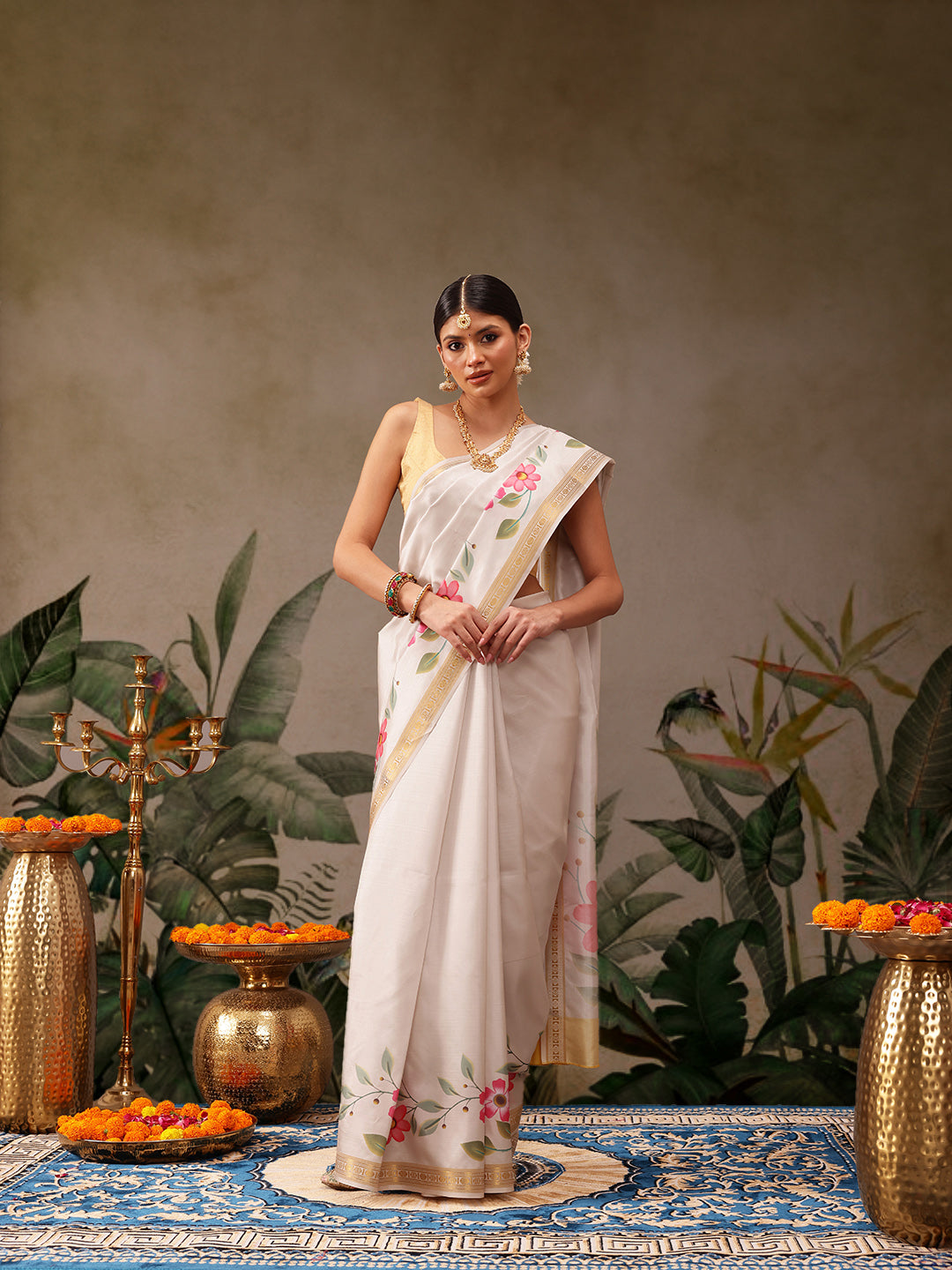 Off White Onam Art Silk Saree with Floral Digital Print