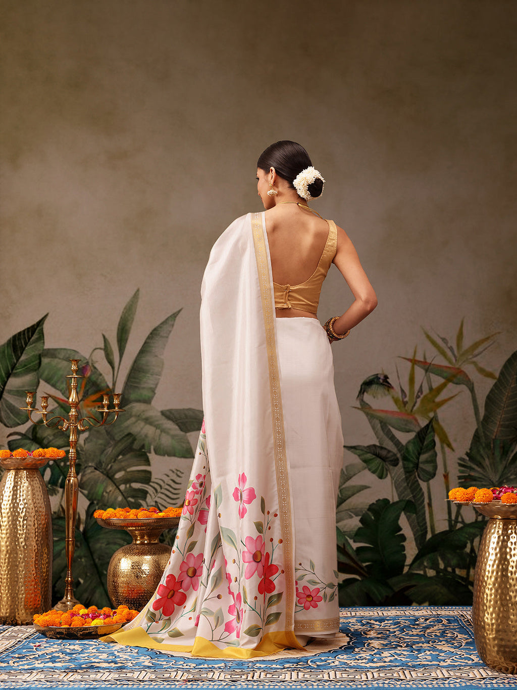 Off White Onam Art Silk Saree with Floral Digital Print