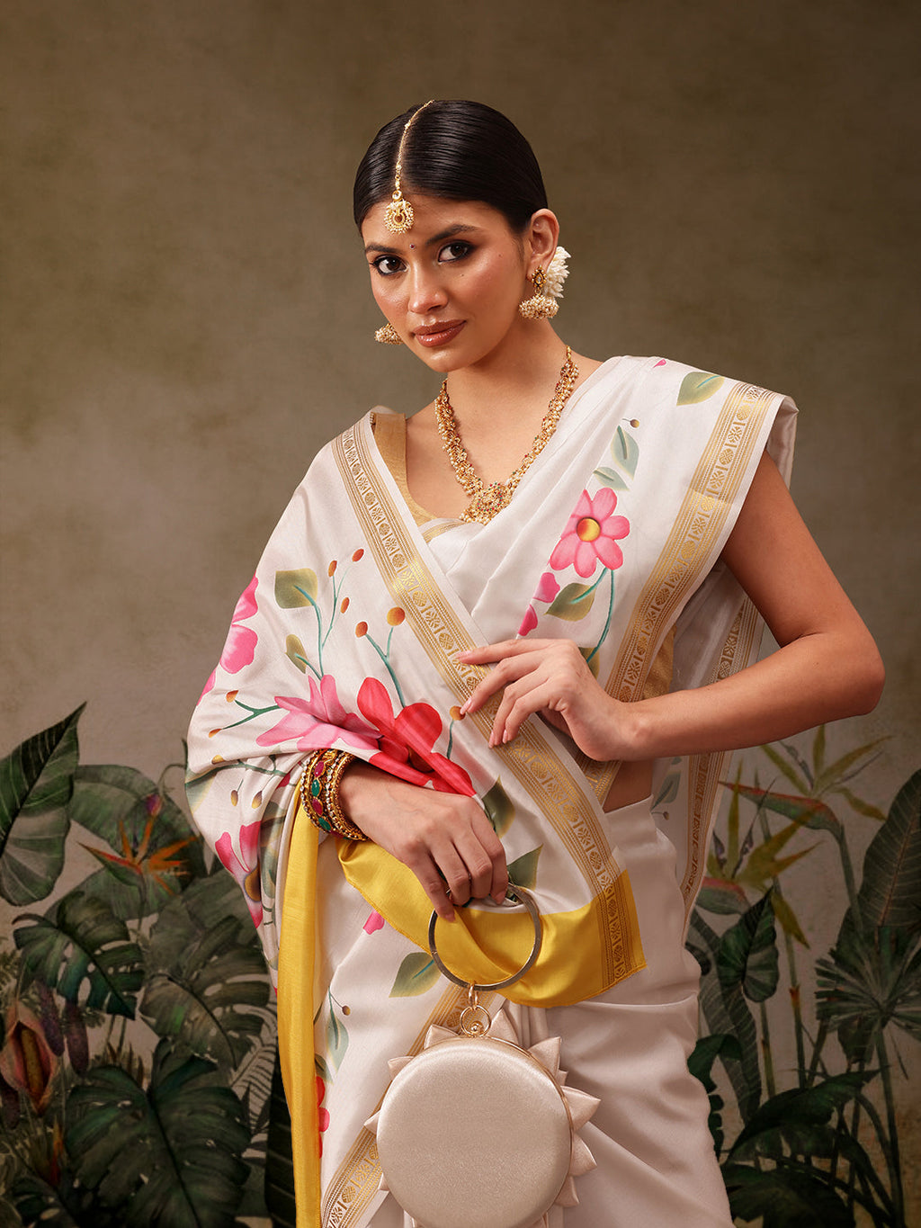 Off White Onam Art Silk Saree with Floral Digital Print