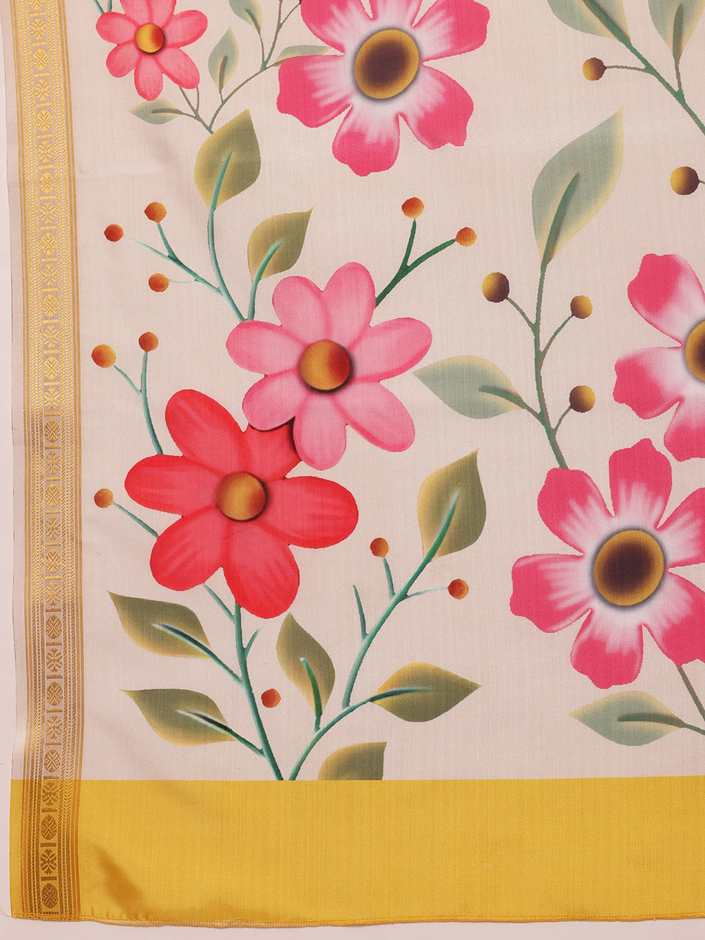 Off White Onam Art Silk Saree with Floral Digital Print
