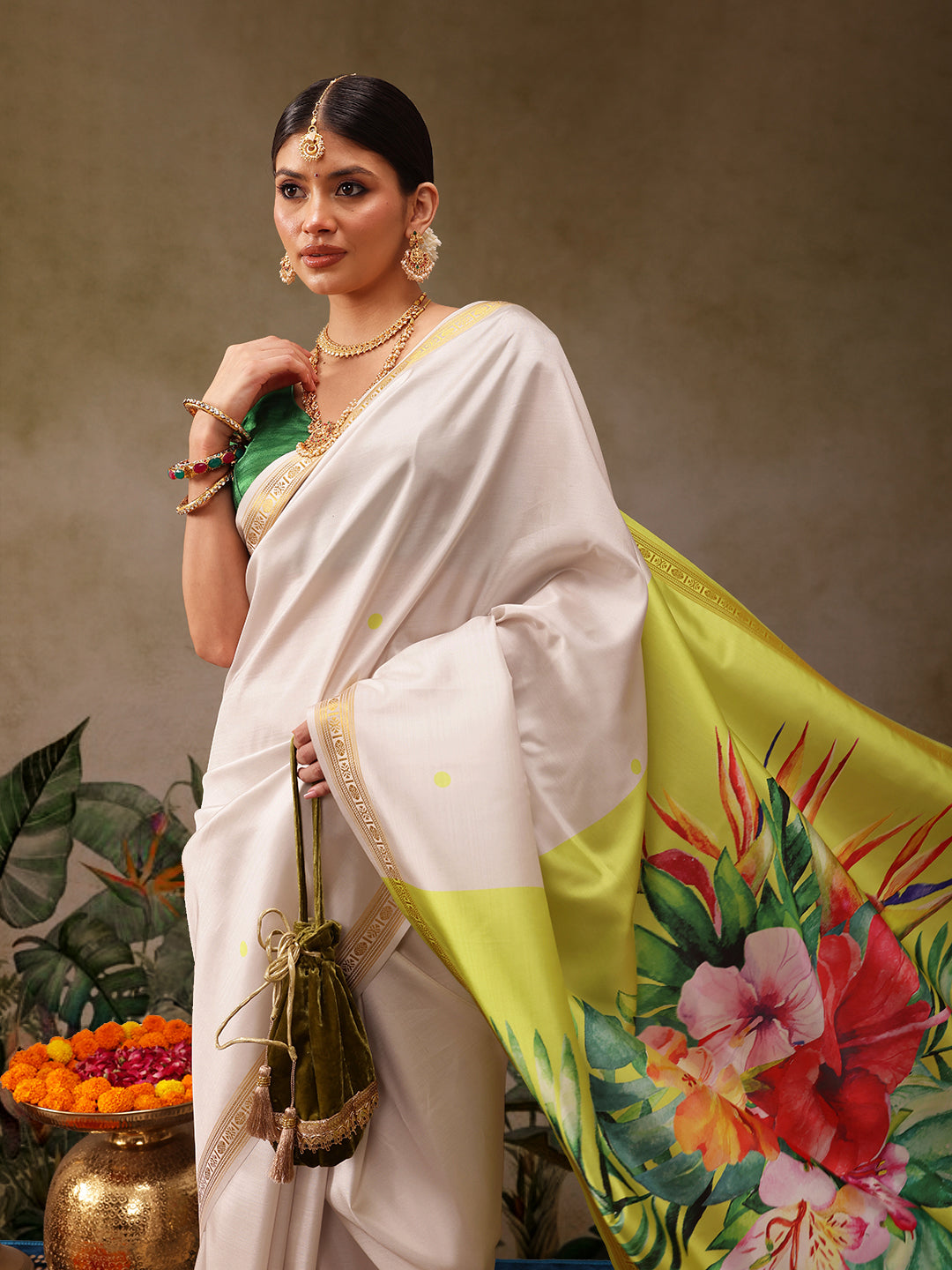 White Onam Art Silk Saree with Floral Digital Print