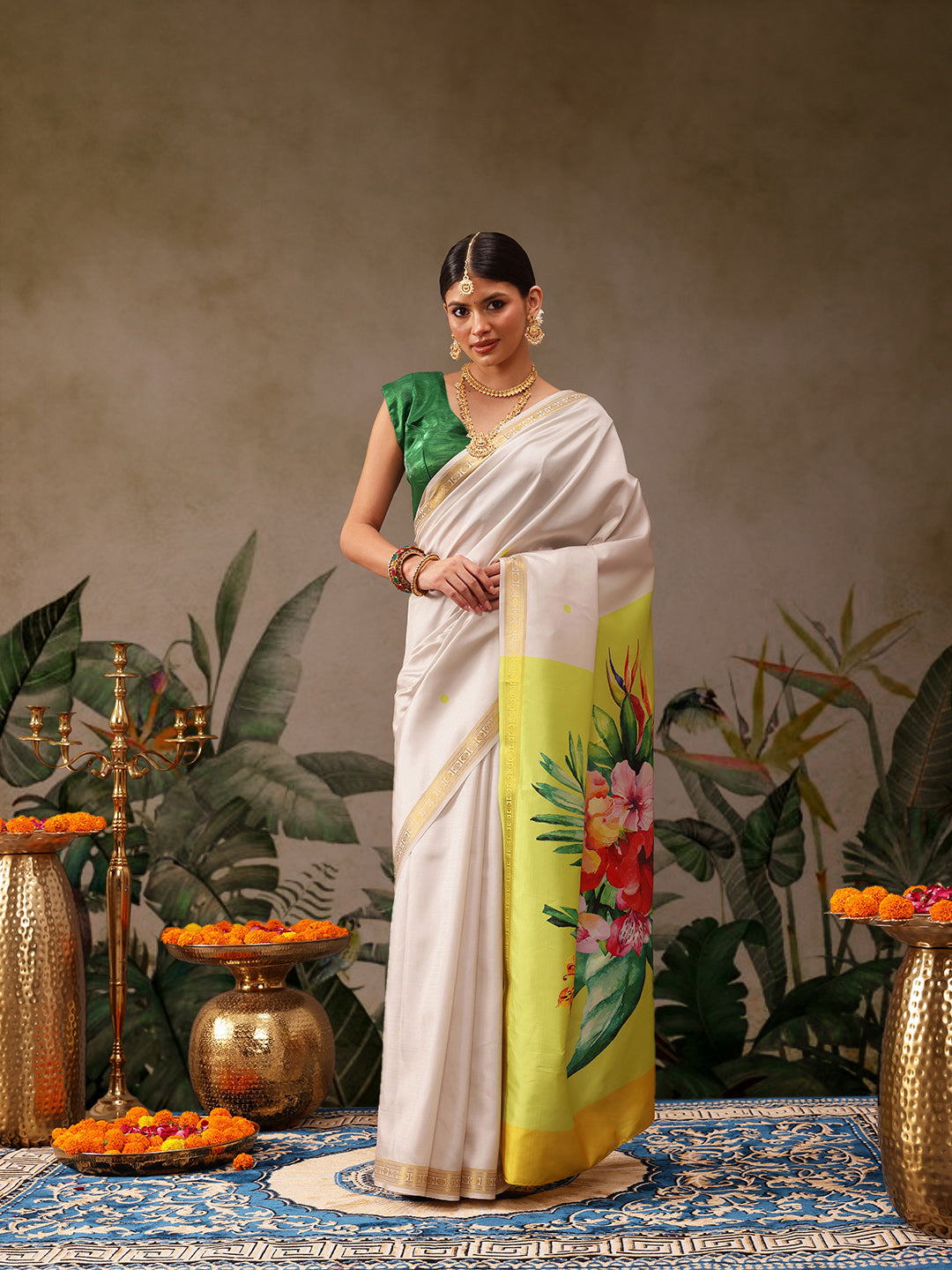 White Onam art silk saree with bright floral digital print