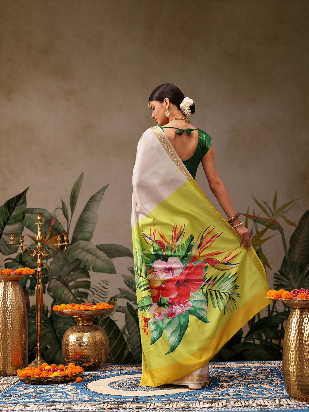 White Onam Art Silk Saree with Floral Digital Print