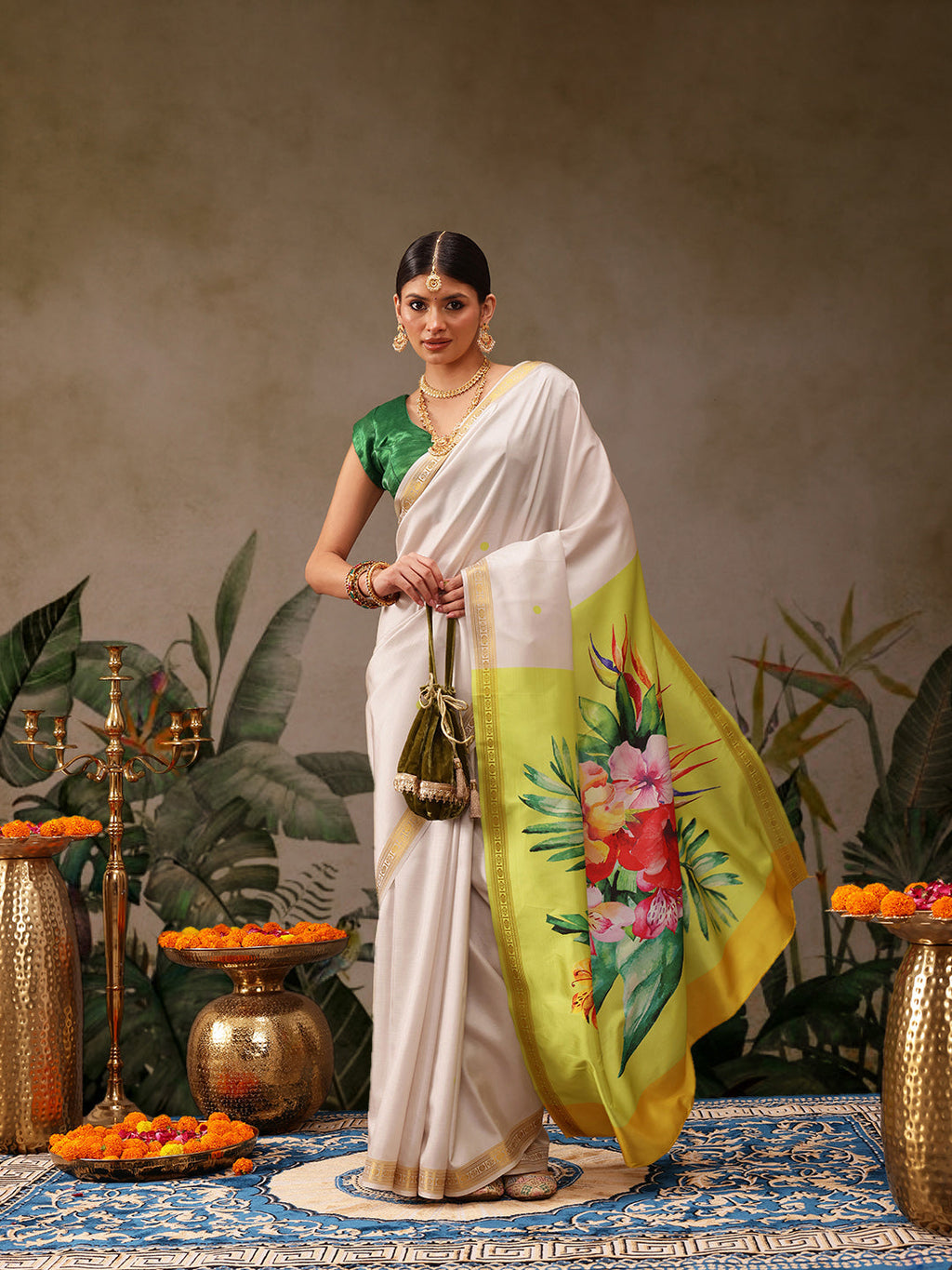 White Onam Art Silk Saree with Floral Digital Print