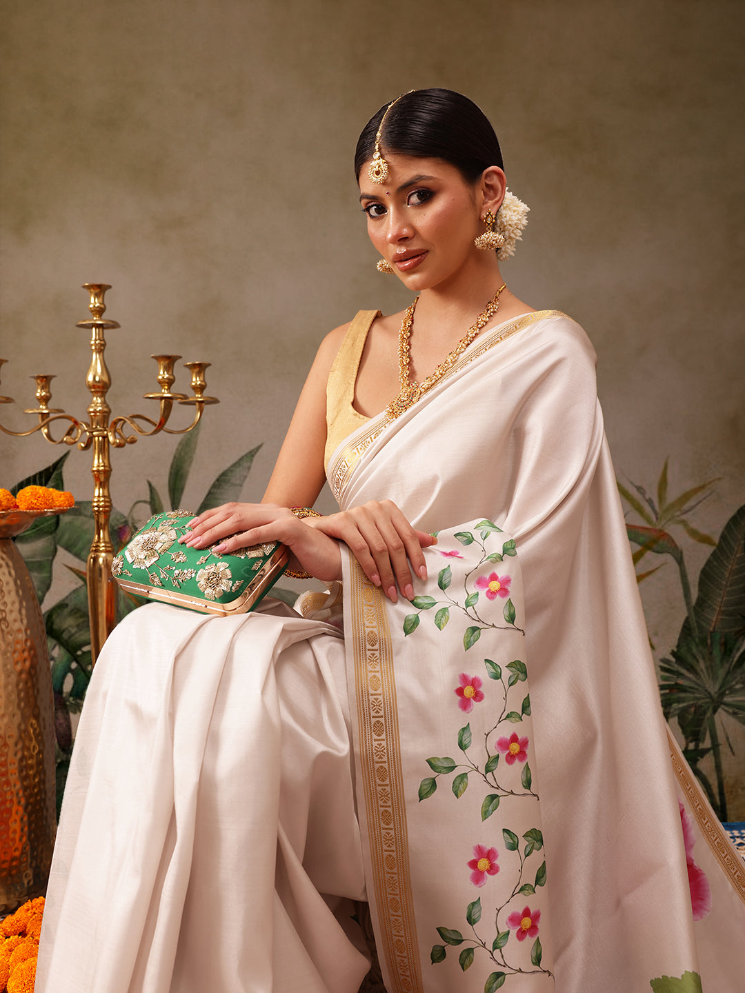 White Onam Art Silk Saree with Vibrant Floral Digital Print