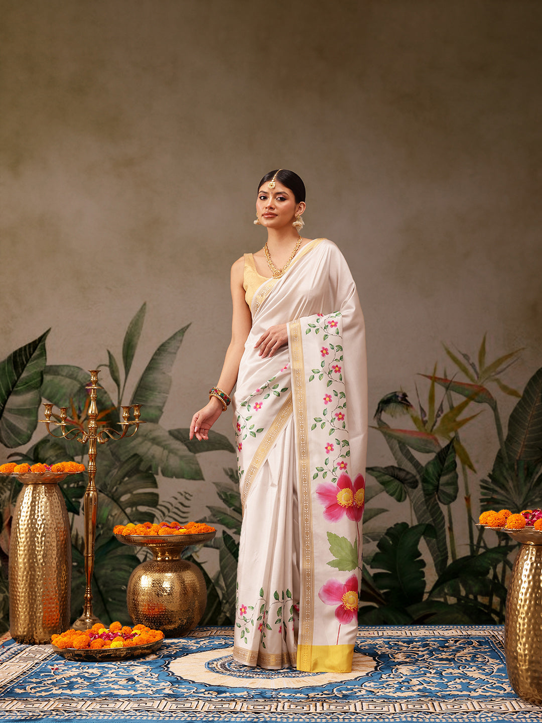 White Onam Art Silk saree with elegant floral digital printed patterns