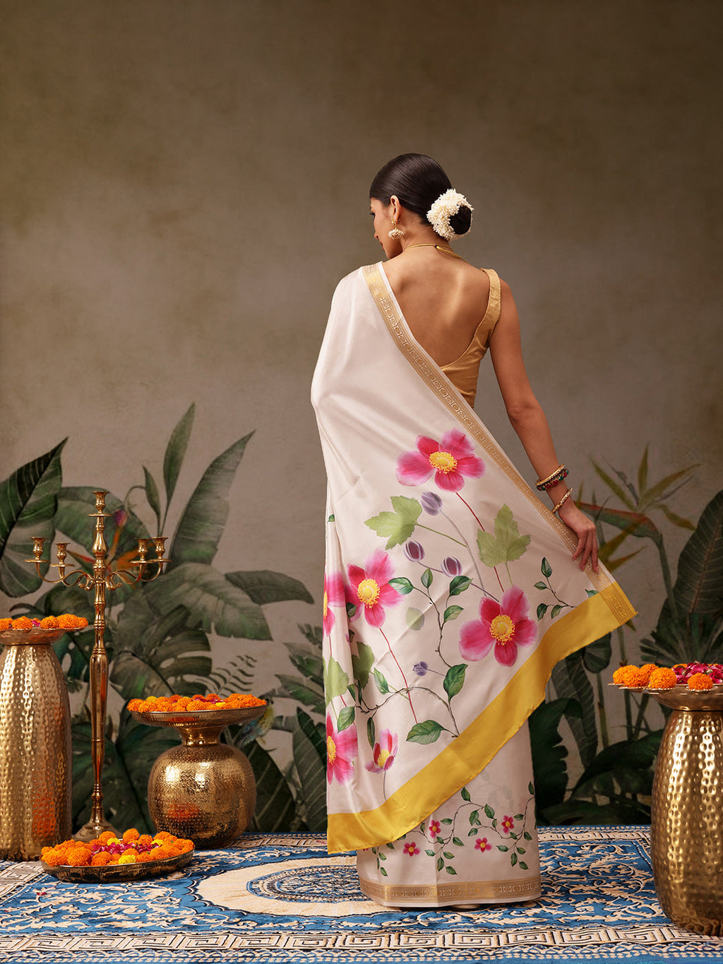 White Onam Art Silk Saree with Vibrant Floral Digital Print