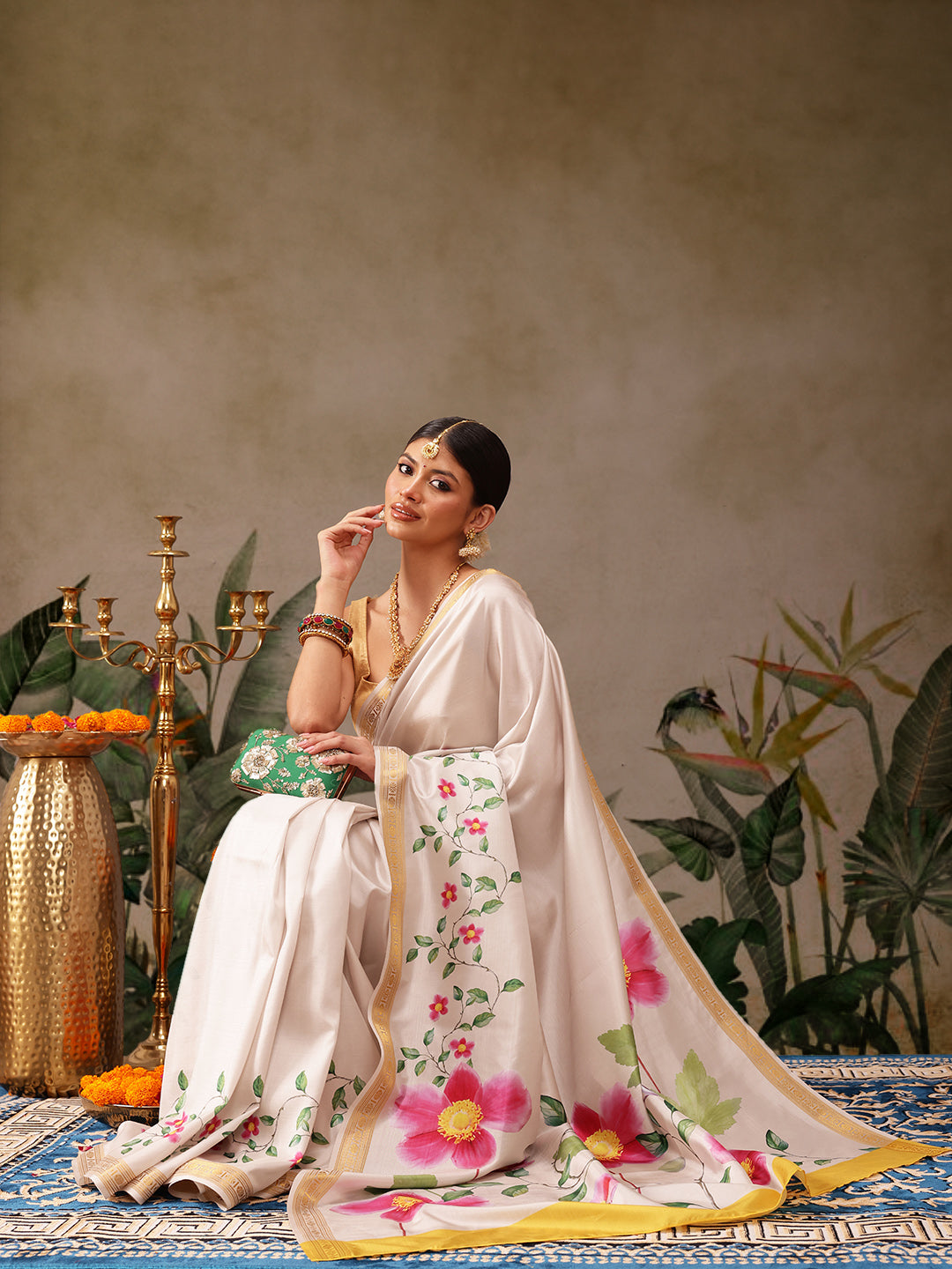 White Onam Art Silk Saree with Vibrant Floral Digital Print