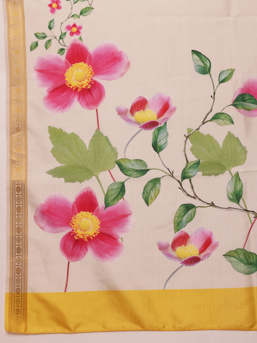 White Onam Art Silk Saree with Vibrant Floral Digital Print