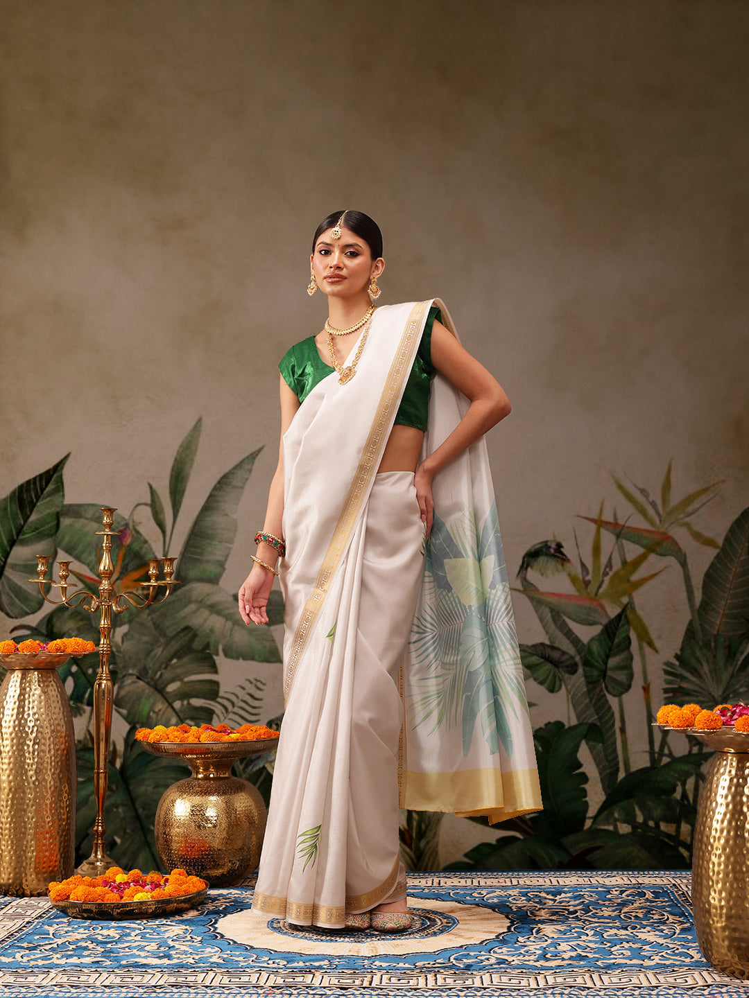 Off White Art Silk saree with intricate floral digital print