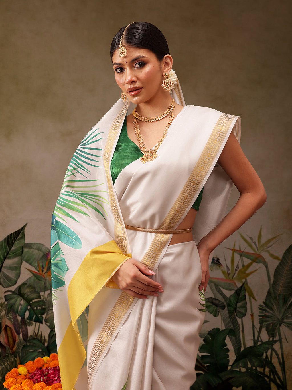 Off White Onam Art Silk Saree with Floral Digital Print