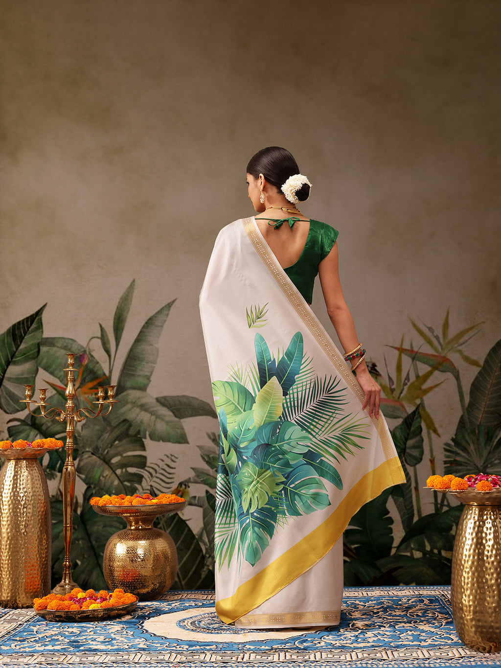 Off White Onam Art Silk Saree with Floral Digital Print