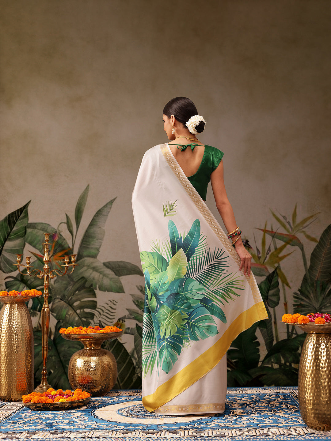 Off White Onam Art Silk Saree with Floral Digital Print