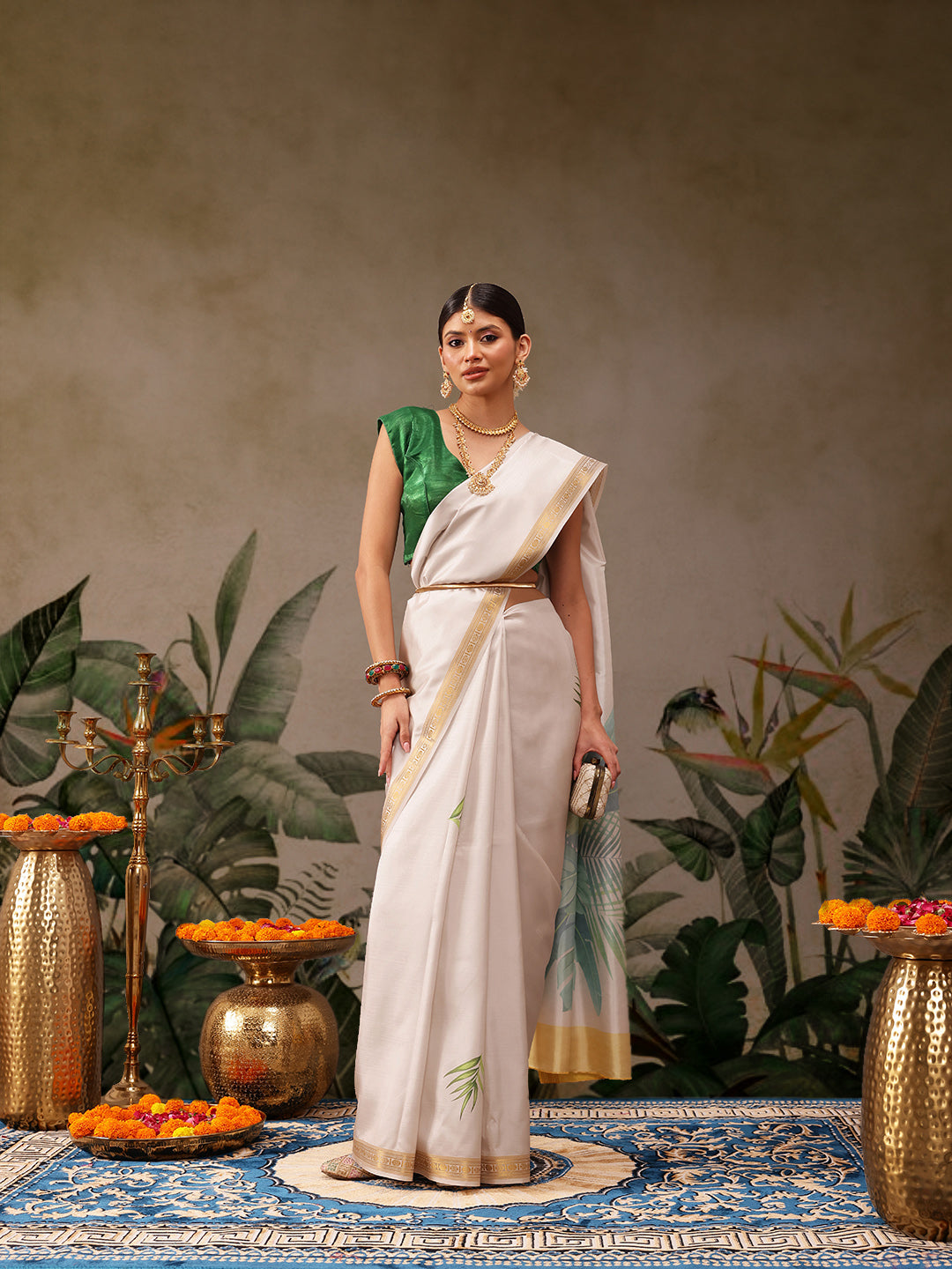 Off White Onam Art Silk Saree with Floral Digital Print
