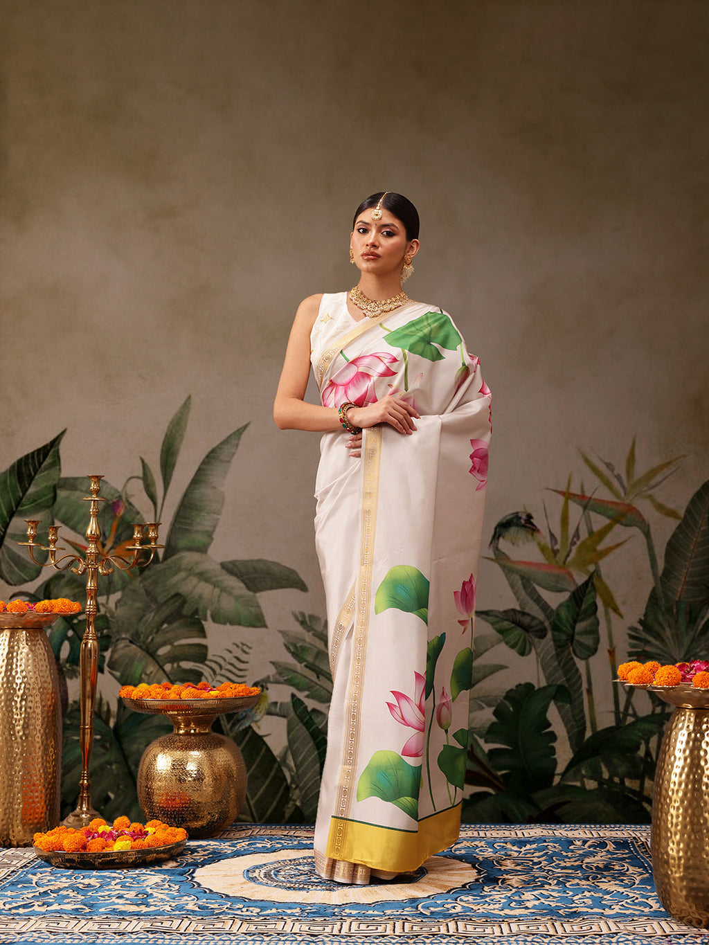 White Onam Art Silk Saree with vibrant floral digital prints