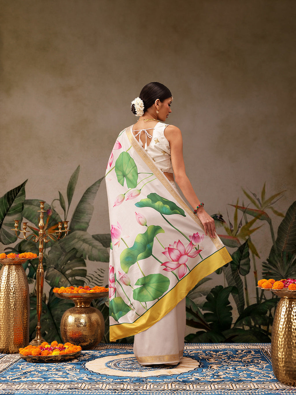White Onam Art Silk Floral Digital Print Saree