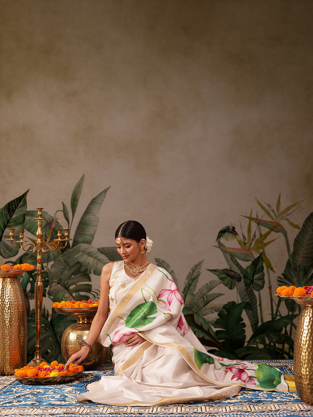 White Onam Art Silk Floral Digital Print Saree
