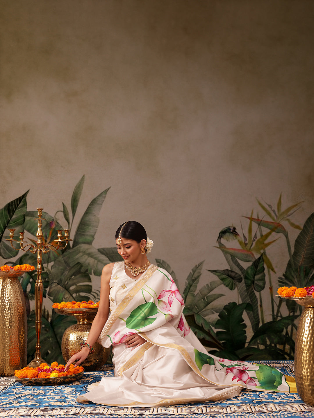 White Onam Art Silk Floral Digital Print Saree