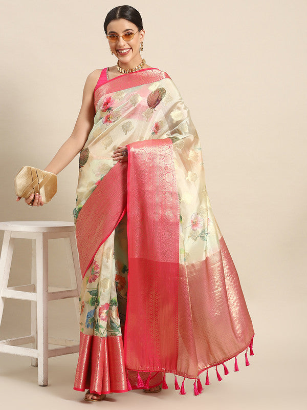 Beige Chanderi Art Silk floral printed saree with matching unstitched blouse