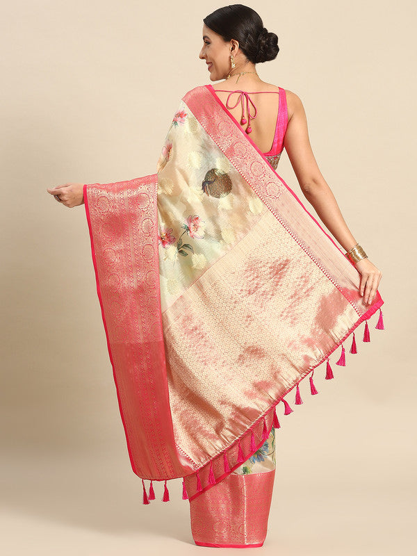 Beige Chanderi Art Silk Floral Printed Saree with Blouse Piece
