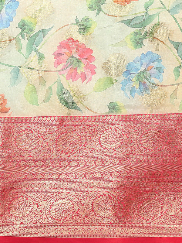 Beige Chanderi Art Silk Floral Printed Saree with Blouse Piece