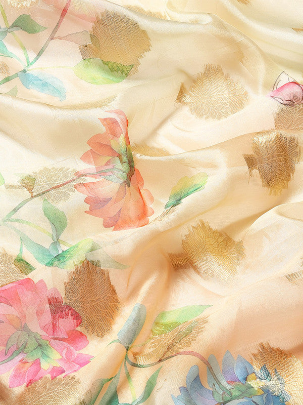 Beige Chanderi Art Silk Floral Printed Saree with Blouse Piece