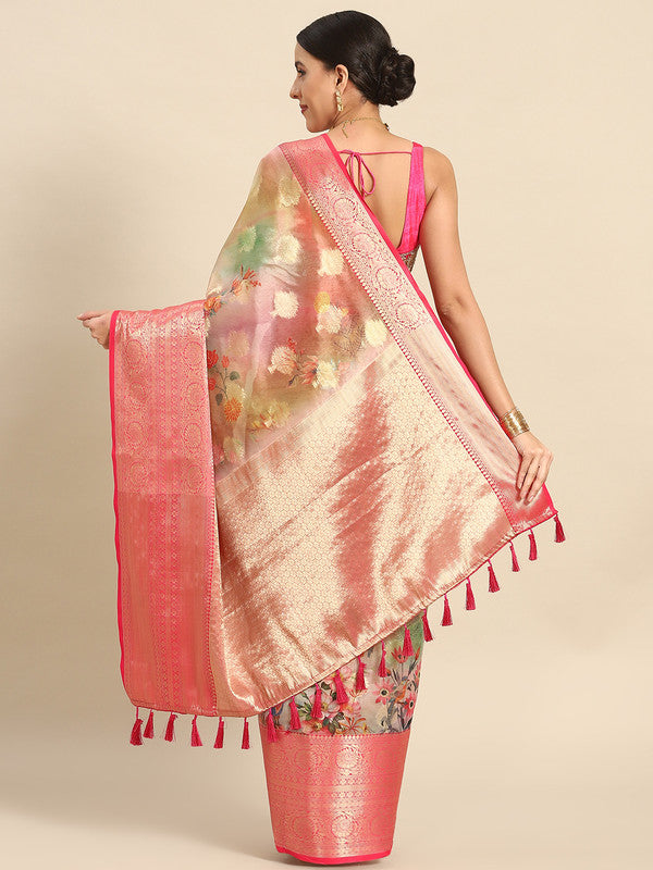 Multicolor Chanderi Art Silk Floral Printed Saree with Blouse