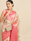 Pink Chanderi Art Silk saree with floral prints and matching unstitched blouse piece