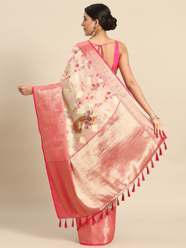 Pink Chanderi Art Silk Floral Printed Saree with Blouse Piece