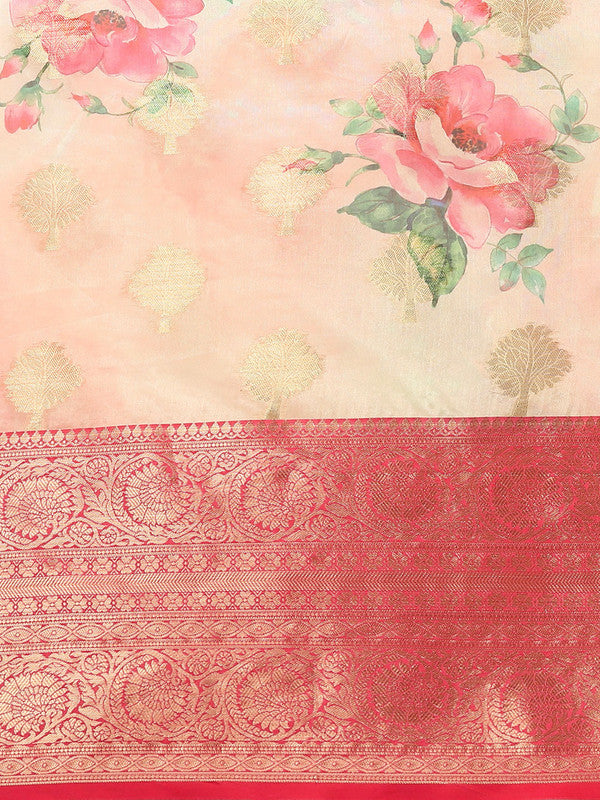Pink Chanderi Art Silk Floral Printed Saree with Blouse Piece