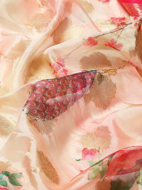Pink Chanderi Art Silk Floral Printed Saree with Blouse Piece