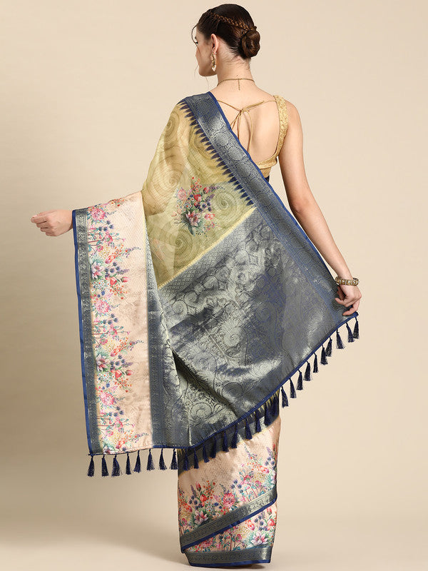 Olive Kanjeevaram Silk Floral Digital Print Saree with Blouse
