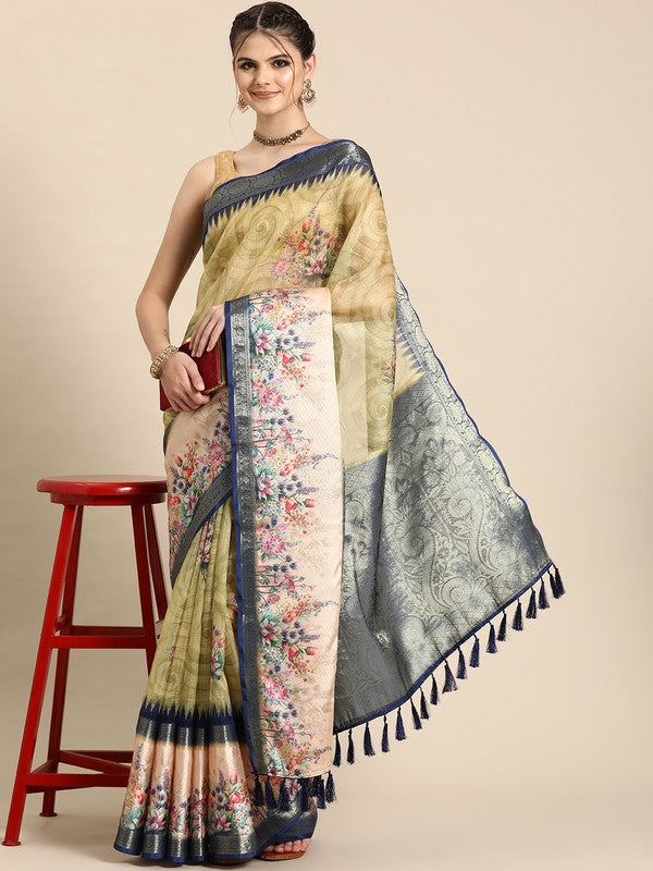 Olive Kanjeevaram silk saree with floral digital print and matching unstitched blouse piece