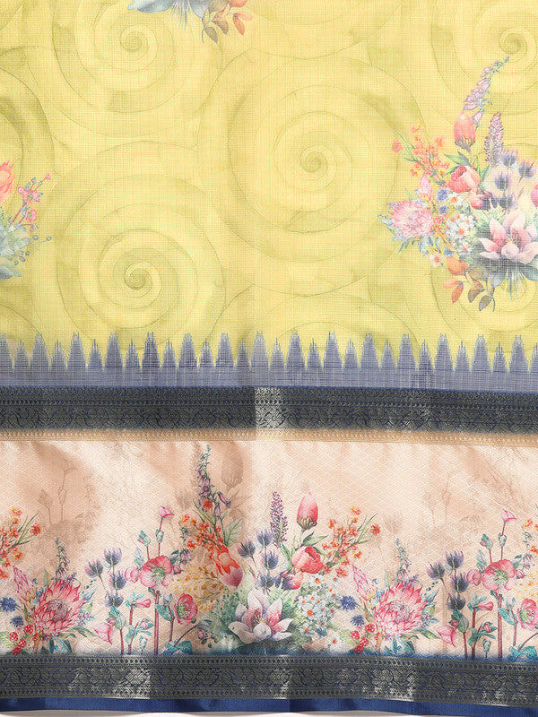 Olive Kanjeevaram Silk Floral Digital Print Saree with Blouse